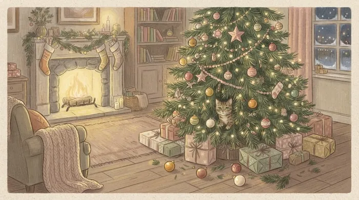 A Christmas room with a decorated tree, presents and a fireplace