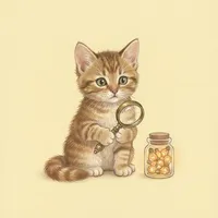 A tabby kitten with a magnifying glass next to a jar of hints