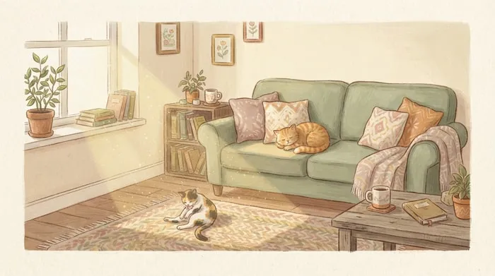 A sunny living room with a green sofa and a ginger cat asleep on a cushion