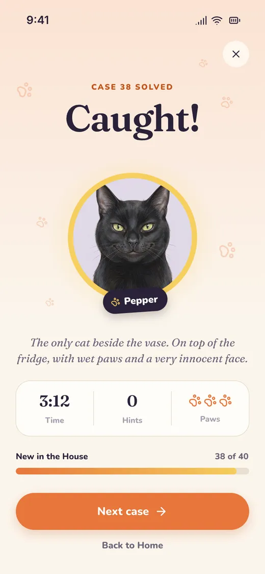 Case 38 solved: Caught! Pepper was the only cat beside the vase, on top of the fridge