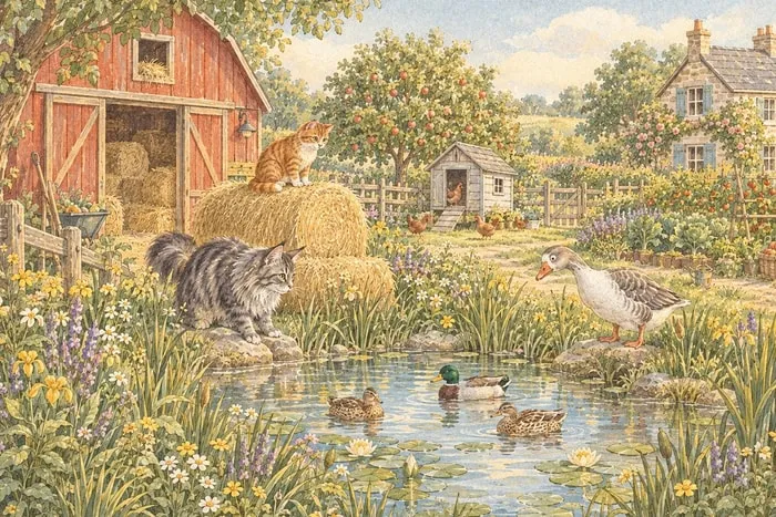 A farmyard with a red barn, hay bales and a tabby cat by the duck pond