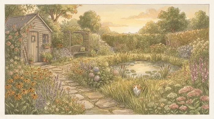 A summer garden with a pond, a shed and flower beds