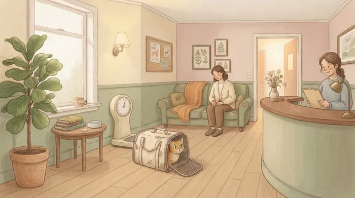 A vet's waiting room with a cat carrier on the floor
